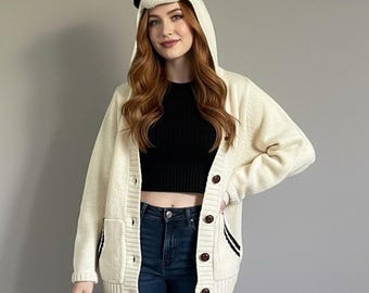 Vintage Puppy Hooded Wool Blend Cardigan Sweater - Small