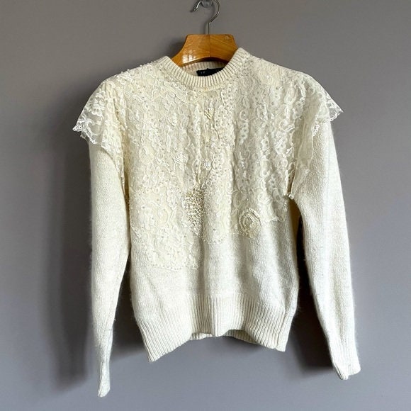 Pull Blanc Angora 80% - Plastron Dentelle - Neuf Sans étiquettes - Taille XL Femme