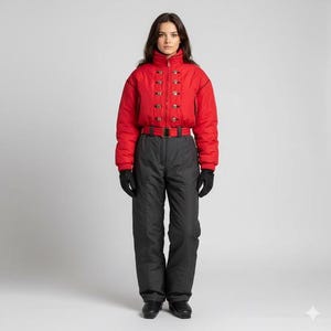 Könnte beinhalten: Eine rote Skijacke mit goldenen Knöpfen und passendem Gürtel wird mit einer schwarzen Schneehose kombiniert. Die Jacke hat einen hohen Kragen und lange Ärmel. Schwarze Handschuhe und Stiefel vervollständigen das Winteroutfit.