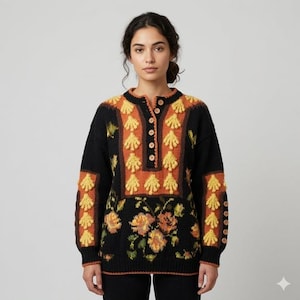 Puede incluir: Un suéter negro con estampados florales y geométricos en naranja y amarillo. El suéter tiene un cuello abotonado y mangas largas con diseños a juego. La parte inferior del suéter tiene un diseño floral.