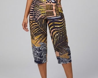 Pantalones capri de algodón con estampado Ankara africano tropical - Talla M, ¡hechos a mano!
