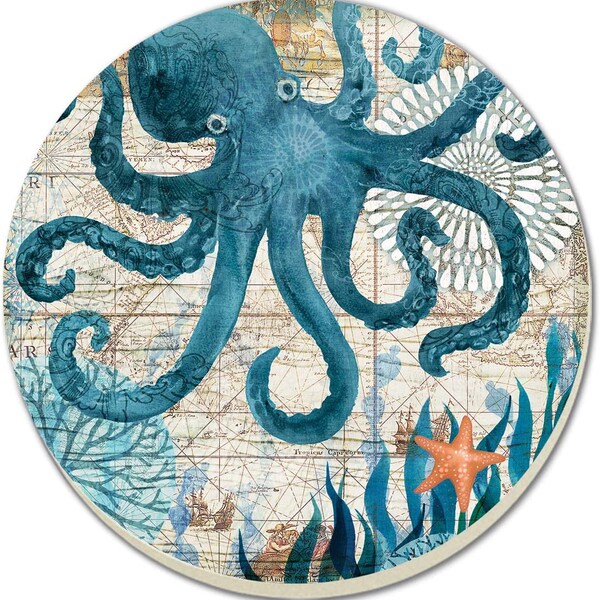 Octopus Absorbent Stone Tumbled Tile Round Coaster Set - 4 Pack- Monterey Bay Octopus Made in The USA with Wooden Holder