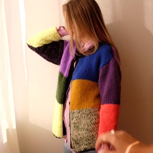 Hand Knitted Patchwork Cardigan: Colorful Wool Sweater