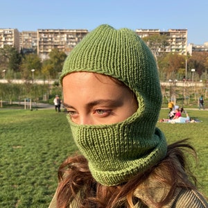 Ribbed Knit Hood Scarf in Sage Green | Soft Bonnet Style Winter Cowl | Handmade Wool Balaclava