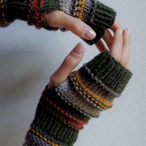 Hand Knitted Fingerless Wool Gloves: Striped Unisex Mittens