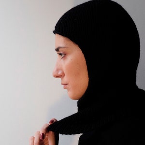 Handmade Black Knit Balaclava – Warm Winter Ski Mask, Ribbed Hood, Face Cover for Cold Weather