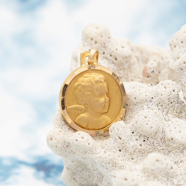 French 18k Cute Angel Raphael medallion - Vintage Solid Gold Pendant - Cherub - 18 ct yellow Gold - Protecting Angel - good luck charm