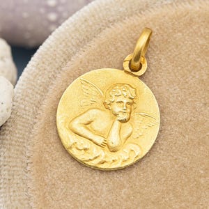 SOLD - French 18k Cute Angel Raphael medal - Vintage Solid yellow Gold Pendant - Cherub - Protecting Angel - LAYAWAYPAYMENT 1 out of 3