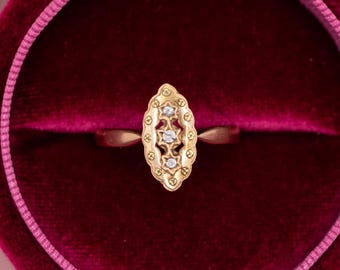 Antique French 18k Gold Victorian marquise Ring – Three Stone jewel with a rare French horse head hallmark - *US Tariffs Included in price*