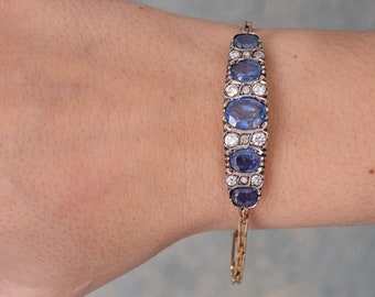 Lovely 18k gold bracelet - Late Victorian bracelet - hand crafted in 18 ct solid yellow gold - sapphire and diamond - 16cm long - 14,6 gr