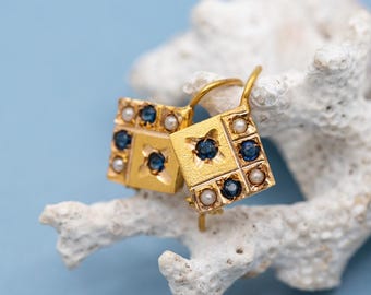 Antique 18K Yellow Gold square Pearl and sapphire Dormeuse Earrings – Victorian Fine Jewelry - *US Tariffs Included in price*