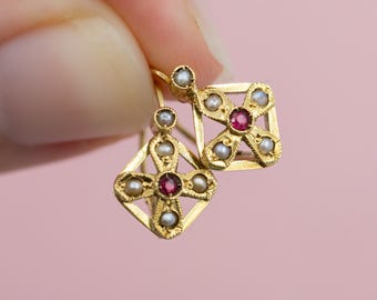 Antique 18K solid yellow gold Floral pearl Sleeper Dormeuse earrings – Victorian fine jewelry - *US Tariffs Included in price*