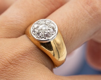 18K Yellow Gold Antique Diamond Ring, Vintage Heavy Bombé Signet Band, Natural Old Rose Cut Diamond Cluster   *US Tariffs Included in price*