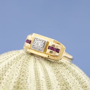 French 18 k yellow gold tank ring - old European cut diamond - estate bulky ring - vintage retro ring - Carré cut rubies - Solid gold