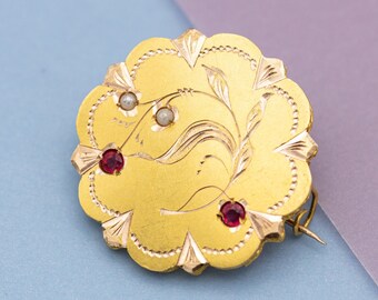 Kleine bloemen Napoleon III broche - 18 K geelgouden antieke broche bezet met halve parels - Art Nouveau - Sieraden met bloementhema