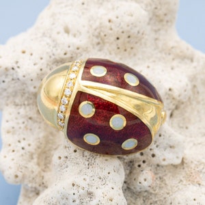 Heavy 18k ladybug Brooch - 18 K yellow gold animal brooch decorated with diamonds and enamel - Vintage estate Italian collar brooch - 7,1 gr