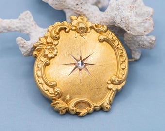 Antique 18K solid Gold Art Nouveau Floral Repoussé Brooch - rose cut diamond in star setting - rose flower  *US Tariffs Included in price*