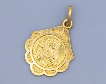Vintage 18k gold Scapular pendant - Double sided solid gold catholic charm - Religious Jesus medal - *US Tariffs Included in price*