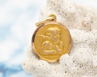 small 9k Cute Angel Raphael medallion - Vintage Solid yellow Gold Pendant - Cherub - Protecting Angel - good luck charm