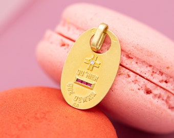18k Authentic Augis - Plus qu&#39;hier et moins que demain - Oval Love medal, I love you charm - Vintage solid gold French love pendant - 1.9 gr