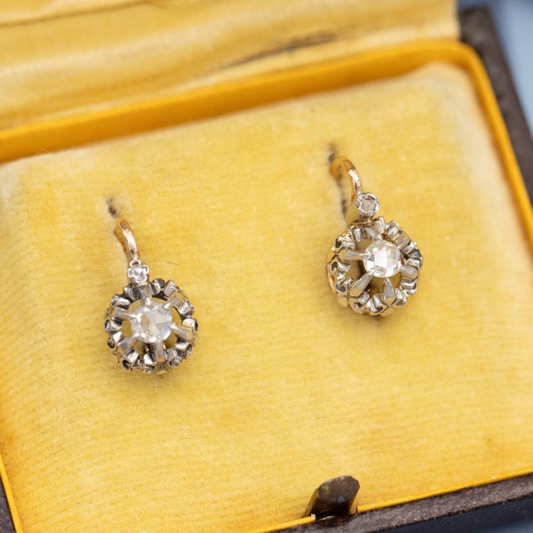 18-karatowe francuskie kolczyki - antyczna 18-karatowa biżuteria z żółtego złota - prezent dla zakochanych - wiktoriańskie kolczyki - XIX-wieczne diamentowe Dormeuse
