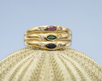 18k minimal emerald, sapphire, ruby ring - Vintage gold marquise cut ring - estate colourful ring - minimalist statement ring