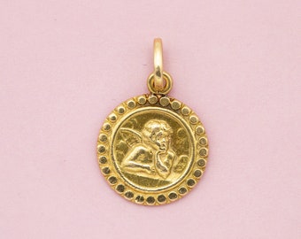 18k Cute Angel Raphael medallion - Vintage Solid Gold Pendant - Cherub - 18 ct solid yellow Gold - Protecting Angel - good luck charm