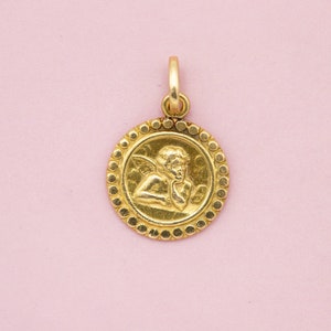 18k Cute Angel Raphael medallion - Vintage Solid Gold Pendant - Cherub - 18 ct solid yellow Gold - Protecting Angel - good luck charm