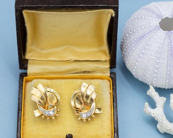 18K yellow gold pair of abstract, bow shaped retro earrings with single cut natural diamonds - *US Tariffs Included in price*