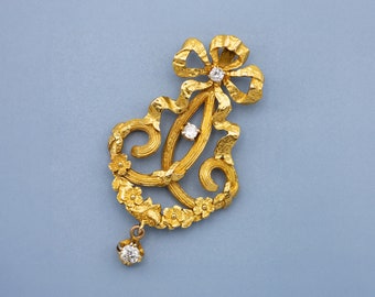 French 18k extraordinary Art Nouveau pendant - 18 karat solid yellow gold - Floral dangling diamond charm - Late Victorian pendant - 10,3 gr
