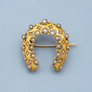 18K Yellow Gold Horseshoe Brooch with Seed Pearls – Victorian Napoleon III Antique Jewelry -  *US Tariffs Included in price*