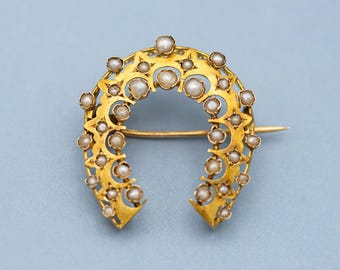 Broche victoriano de herradura de 18 quilates - Broche antiguo de oro amarillo macizo de 18 quilates con perlas cultivadas - Joyería europea con temática de la buena suerte de Napoleón III