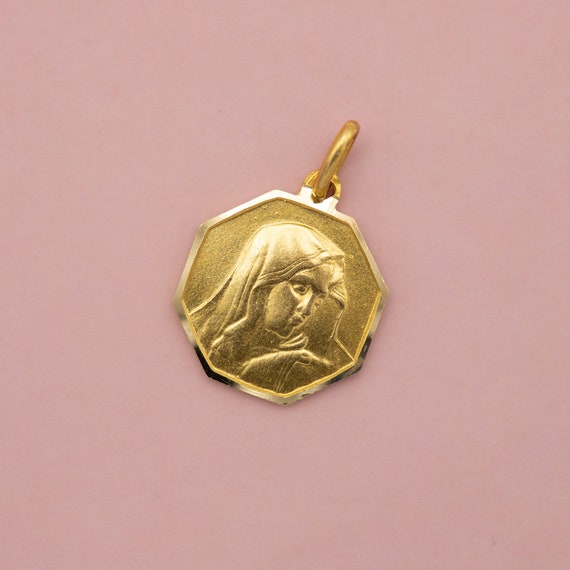 Octagon shaped 18k solid gold Virgin Mary charm -… - image 3
