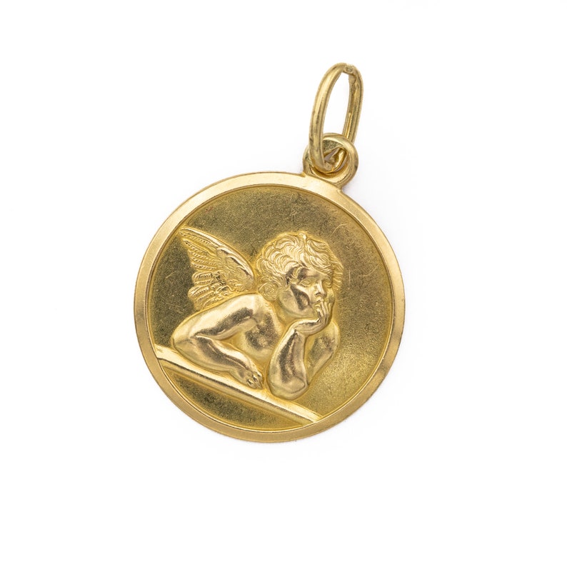 18k Cute Angel Raphael Medallion - Vintage 18 Karat Solid Yellow Gold ...