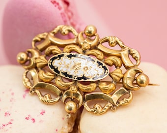 French 18K solid gold brooch - Antique Victorian floral enamel pin - Circa 1850 - Horse head mark *US Tariffs Included in price*