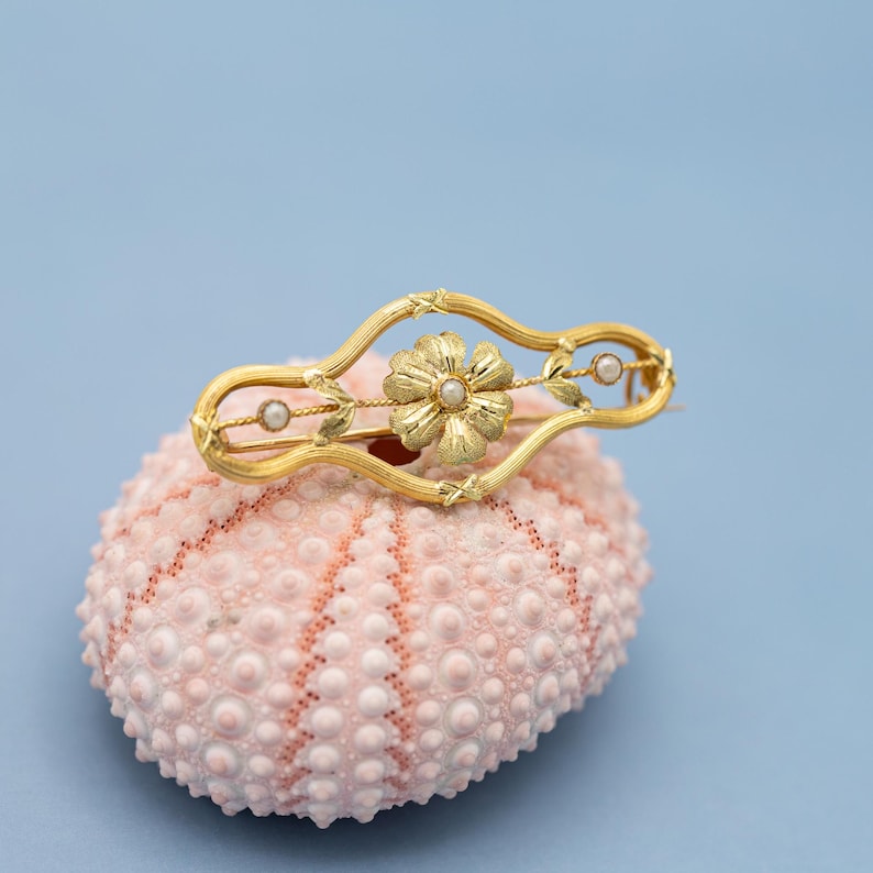 Puede incluir: Broche dorado con dise&ntilde;o floral, perla central y dos perlas m&aacute;s peque&ntilde;as. La forma de la broche es curva, con detalles florales y hojas. Descansa sobre una superficie rosa texturizada sobre un fondo azul claro. Joyer&iacute;a vintage.
