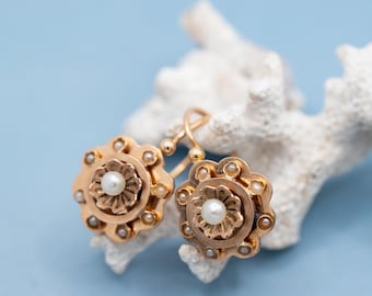 rare 18K solid gold flower earrings - Antique French sleepers - Victorian Dormeuses - Eagle head hallmark - 19th century - *US Tariffs Incl*