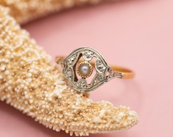 French 18K solid yellow gold & platinum Art Deco ring – Half pearl , 1920s engagement - Antique round style  *US Tariffs Included in price*