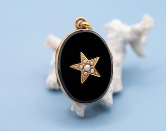 Antique French 18k Solid Gold Onyx Locket Pendant with pearl star - Mourning jewelry *
