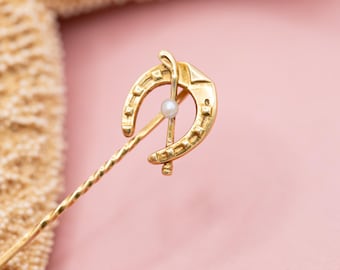 Antique 18K solid gold horseshoe stick pin – Victorian seed pearl good luck brooch  *US Tariffs Included in price*