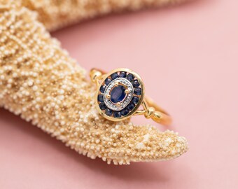 French Vintage 18K yellow Gold Sapphire Halo Ring – Oval Dark Blue Gemstones - *US Tariffs Included in price*