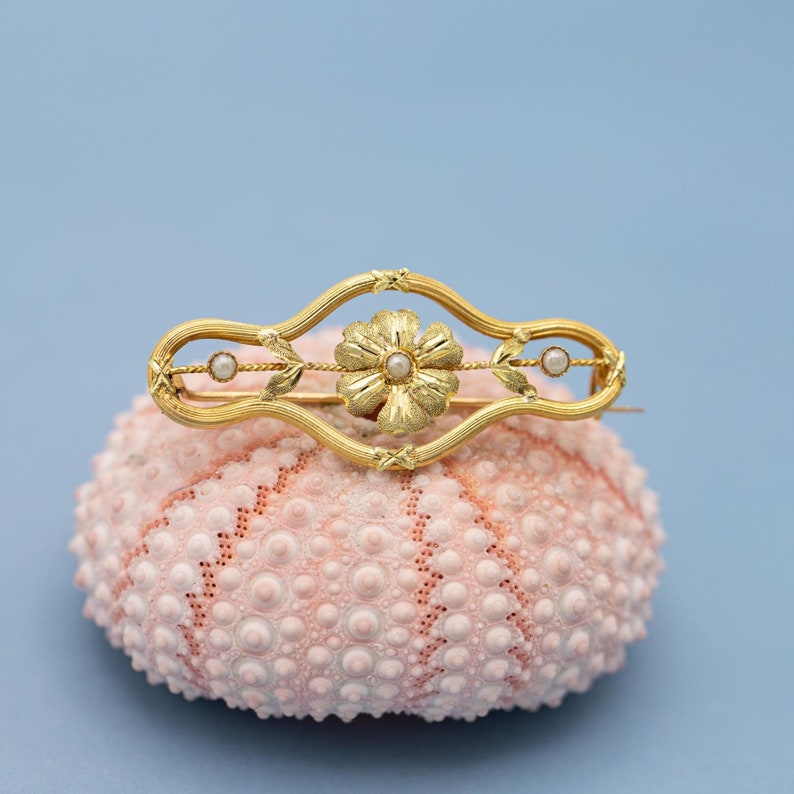 Puede incluir: Broche dorado con un dise&ntilde;o floral central con una perla en el centro, enmarcado en un marco decorativo. El broche incluye dos perlas m&aacute;s peque&ntilde;as y detalles de hojas. El broche se muestra sobre un erizo de mar rosa sobre un fondo azul claro.