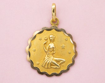 18 K Vintage zodiac charm pendant - Virgo charm in 18 karat solid yellow gold - star sign - perfect birth gift - estate Virgo medallion