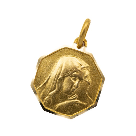 Octagon shaped 18k solid gold Virgin Mary charm -… - image 8