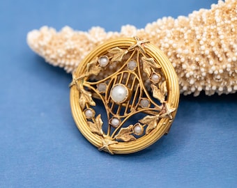 18K solid Yellow Gold Victorian Pearl Brooch – Floral Antique French Jewelry - *US Tariffs Included in price*