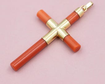 Vintage 18k solid gold red Coral cross pendant - Religious charm - * US tariff included *