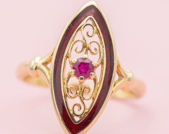 9K Vintage solid gold Ruby and red enamel ring - estate colourful ring - vintage statement ring - Classic rare unique jewelry - Marquise