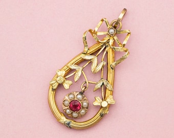 extraordinairy Art Nouveau pendant - 18 K gold pendant - Floral red Art Nouveau charm  - dangling pearl charm - Late Victorian pendant - bow