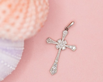 Antique Art Deco Diamond Cross Pendant – 18K Gold religious Charm - *US Tariffs Included in price*