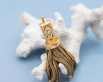 18k solid Yellow Gold Tassel Pendant – Victorian, Seed Pearl Accent, Foxtail Chain  *US Tariffs Included in price*